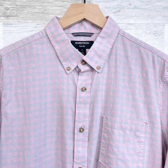 Nordstrom Linen Trim Fit Shirt Pink Gray Plaid Check Button Down Mens Large - Picture 2 of 6